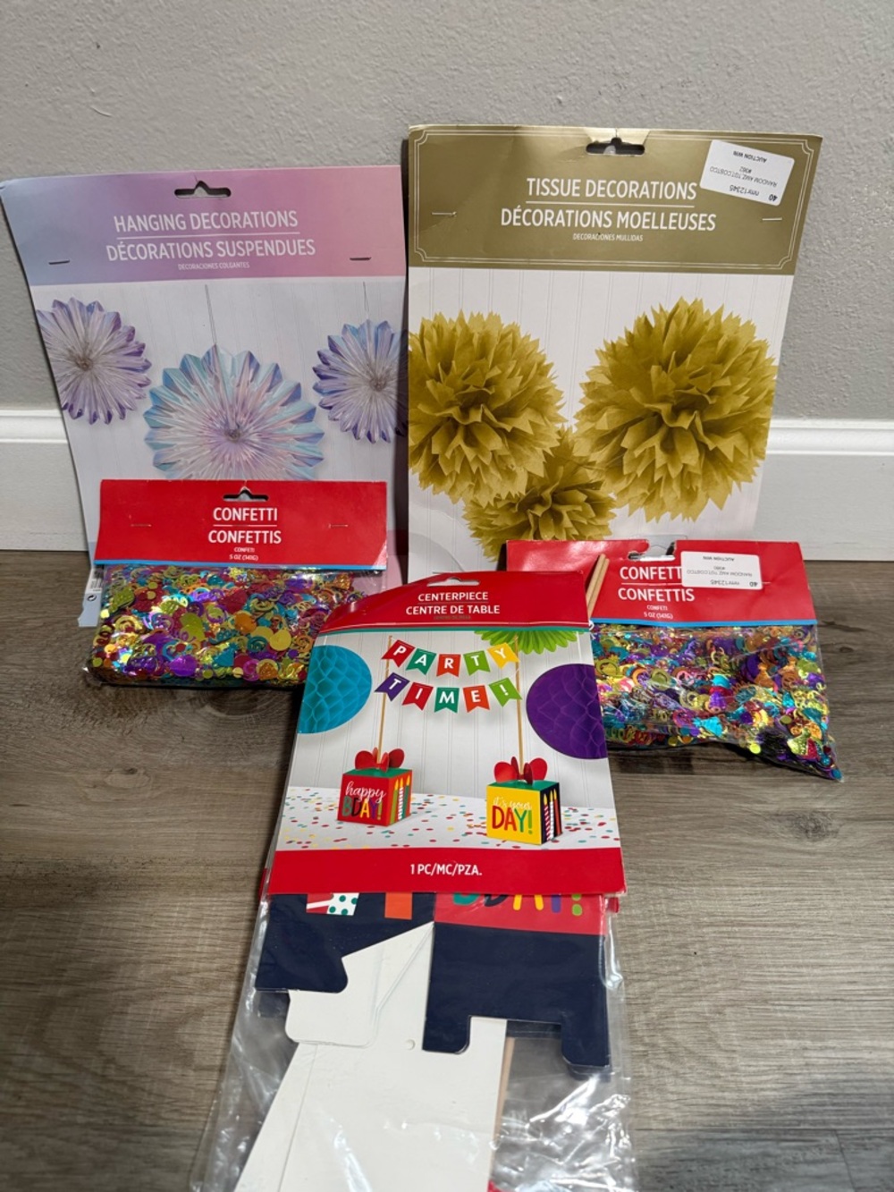 Party Time Hanging Decorations and Confetti Set - Gold & Multicolor Bundle